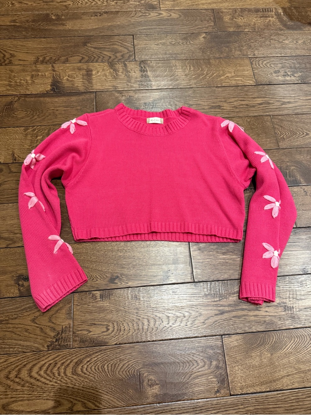Alter’d State Pink Cropped Sweater with Floral Sleeve Embroidery